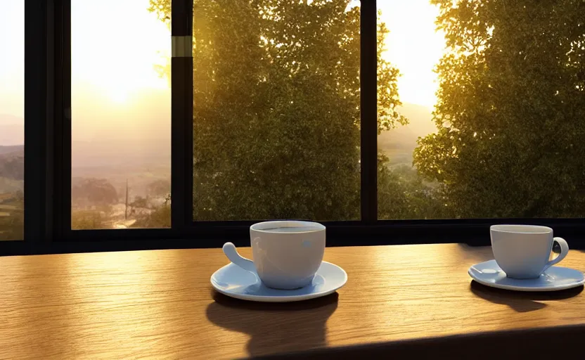 Prompt: a cup of coffee on a cafe table near a window with view to the sunrise, concept art, octane render, unreal engine 5, trending on artstation, high quality, highly detailed, path traced, high coherence, hyperrealistic, godrays, serene scene, soft lighting, macro photo