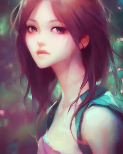 Image similar to girl portrait by ross tran and krenz cushart, vivid, aesthetic, fine details, realistic eyes, masterpiece, busy background, bokeh, depth of field