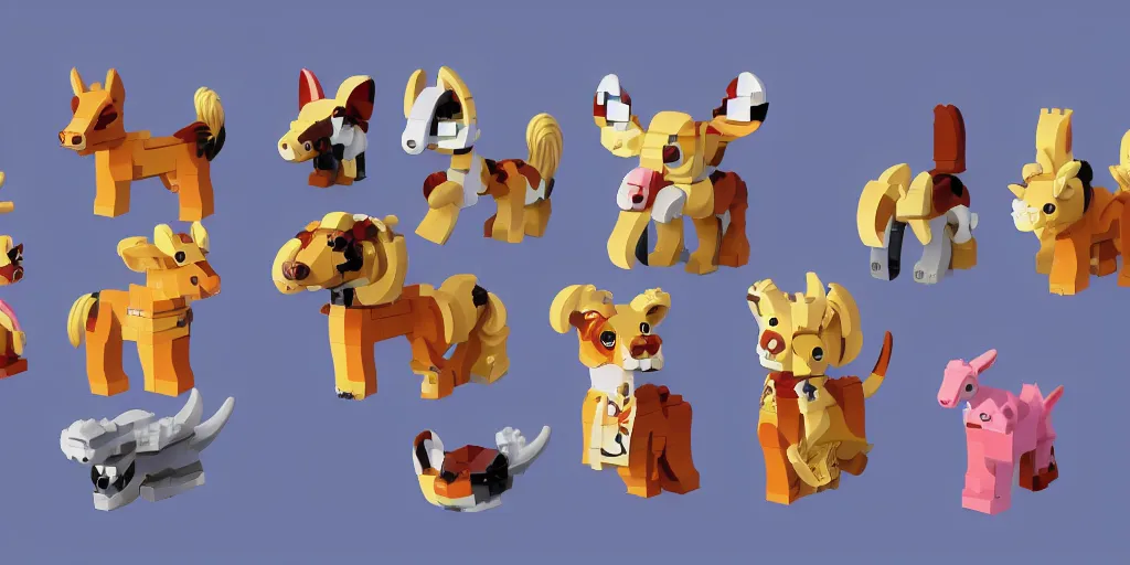 Image similar to small animals made of two or three lego bricks, four legged, quadrupedal, cute looking, kawaii, sharp focus, character sheet, game concept art