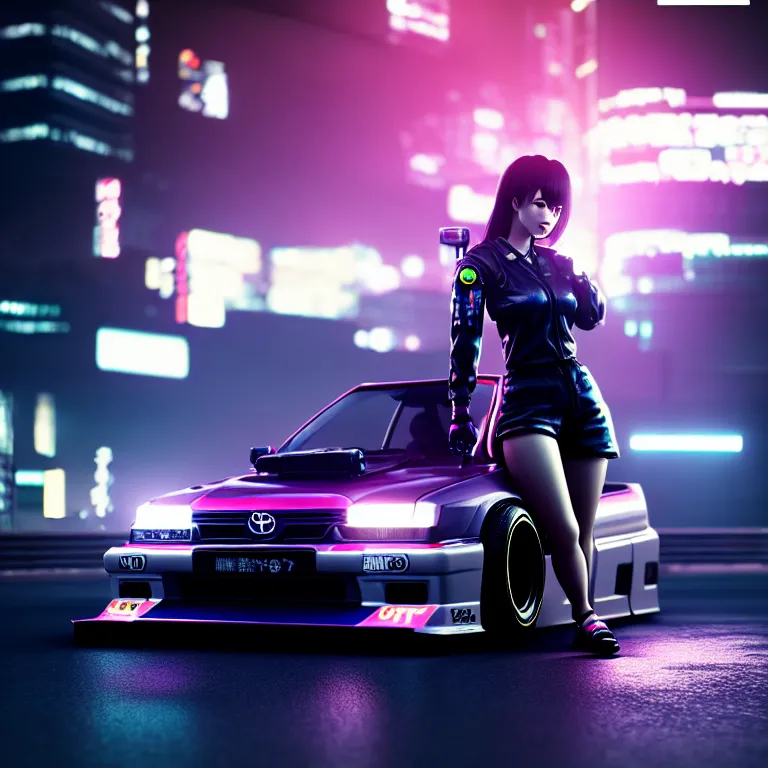 Image similar to toyota jzx 1 0 0 drift with cyberpunk girl standing, detailed - wheels, shibuya prefecture, cinematic lighting, photorealistic, night photography, octane render