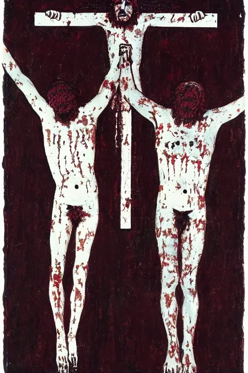 Prompt: bloody jesus christ crucified painted by cy twombly and keith haring