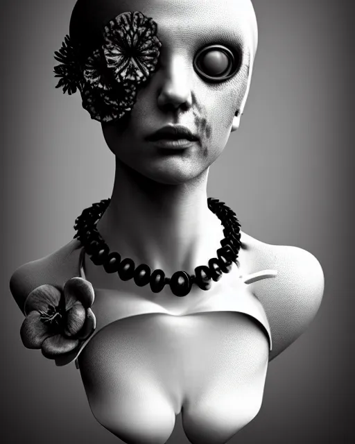 Image similar to black and white dreamy foggy smoky profile face portrait, one silver steampunk realistic eye biomechanical beautiful young female cyclope - cyborg - robot bust, body ribs meshes,, volumetric light, hibiscus flowers, by hg giger, rim light, by dora maar and cecile beaton, big gothic fashion pearl embroidered collar, 8 k