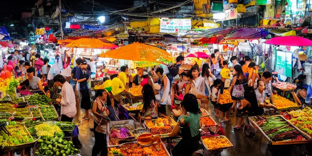 Prompt: bangkok night market with food stalls and vegetable stands, raining, photography