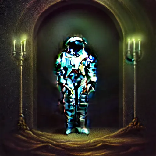 Image similar to full-body dark creepy baroque style oil painting realism a decapitated astronaut with futuristic elements. he welcomes you under with no head, empty helmet inside is occult mystical symbolism headless full-length view. standing on ancient altar eldritch energies lighting forming around disturbing frightening intricate renaissance, digital illustration hyper realism, 8k, depth of field, 3D