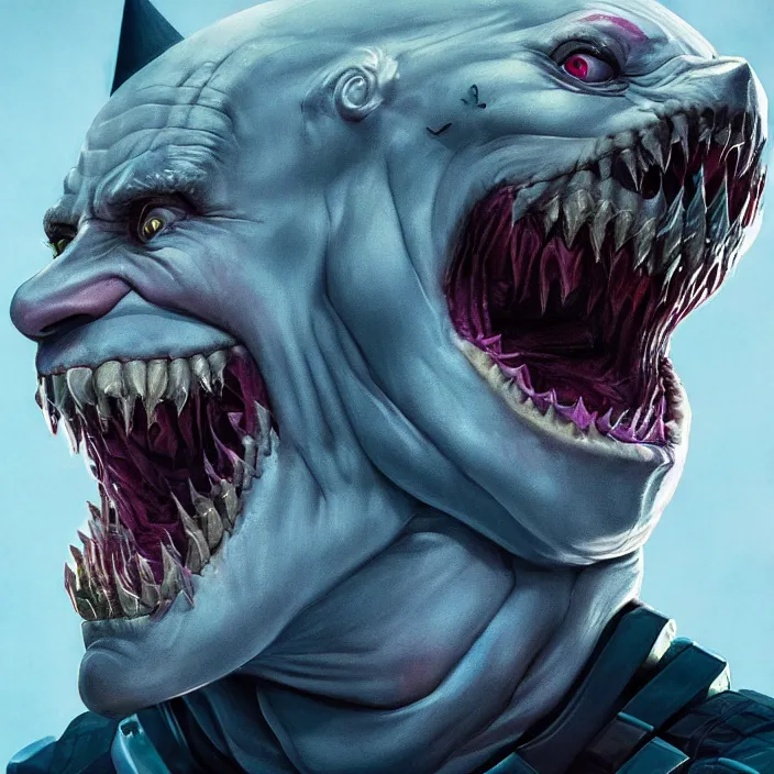 Image similar to portrait of joe biden as a king shark in suicide squad. intricate abstract. intricate artwork. by tooth wu, wlop, beeple, dan mumford. octane render, trending on artstation, greg rutkowski very coherent symmetrical artwork. cinematic, hyper realism, high detail, octane render, 8 k, iridescent accents