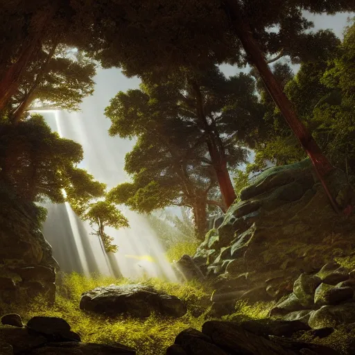 Image similar to rhythmic interval tectonic surfaces as resonant harmonic organic mystical megastructure crystal lattice pyramid architectures exploding with light and god rays in a hawaiian forest by albert bierstadt, by glen small, by giovanni battista piranesi, photorealistic, god rays, octane render, depth of field, volumetric light, volumetric fog