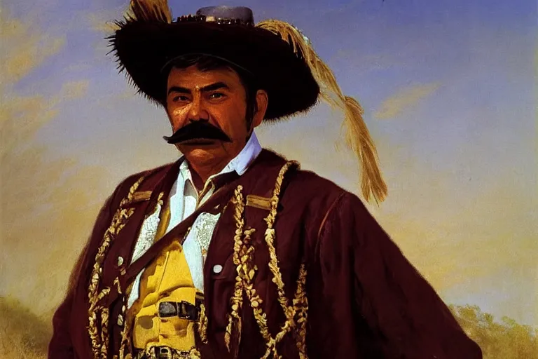 Prompt: a detailed portrait of bruno from encanto dressed as pancho villa, old west bandits, poncho, 1 8 th century south america, art by albert bierstadt and thomas moran