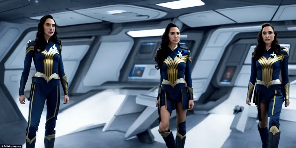 Image similar to gal gadot, in full starfleet uniform, is the captain of the starship enterprise in the new star trek movie