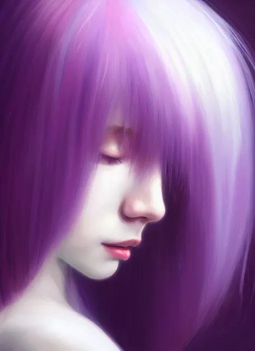 Image similar to hair whitebangs hair, black hair, whitebangs, portrait of teenage girl with white bangs, red irises, purple clothes, white bangs, bangs are different color from hair, intricate, elegant, glowing lights, highly detailed, digital painting, artstation, concept art, smooth, sharp focus, illustration, art by wlop, mars ravelo and greg rutkowski