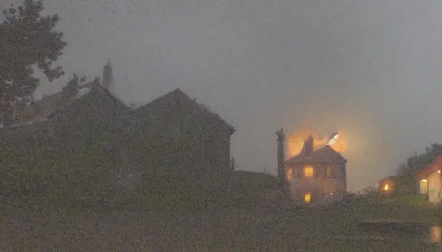 Image similar to mini dv camera footage of a heavy heavy burning french style little house, heavy rain, in a small northern french village, heavy grain, very low quality, high detail, dramatic light