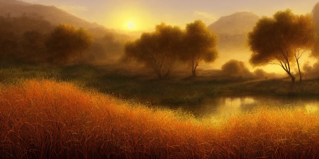 Prompt: golden grassland, wetland with red reeds, sparse scraggy trees, mystical, golden hour lighting, fantasy digital painting by Thomas Cole, trending on artstation
