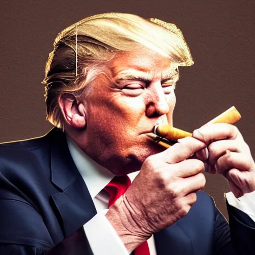 Image similar to a high detail photo of donald trump smoking a cigarrette, subject= donald trump, subject detail: extremly detailed, subject action: smoking a cigar, photorealism, dramatic lighting, award winning photograph, trending on artstation