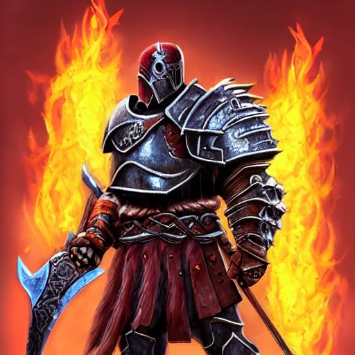 Image similar to Ares the god of war with heavy armor and sword, heavy knight helmet, dark sword in Ares's hand, war theme, bloodbath battlefield background, fiery battle coloring, hearthstone art style, epic fantasy style art, fantasy epic digital art, epic fantasy card game art