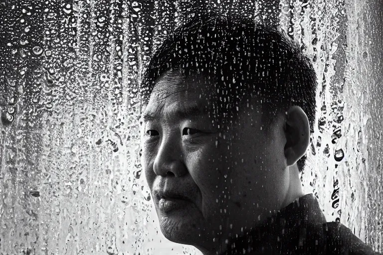 Image similar to a cinematic headshot portrait of a middle aged asian man, through a steamed up window, movie still, ocean background, waves, rain, dramatic lighting, back light, hair light, rim light, 4 k, ultra realistic