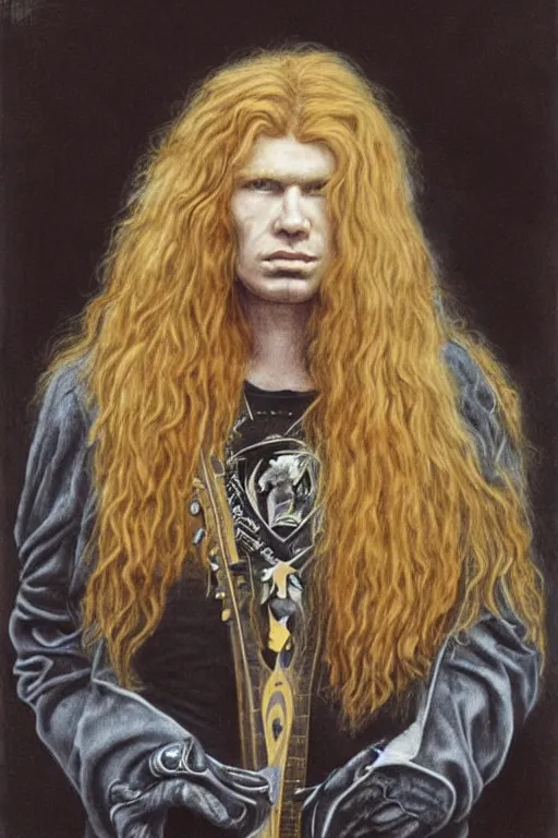 Prompt: Pre-Raphaelite portrait of Dave Mustaine from Megadeth, with very long blond hair and grey eyes