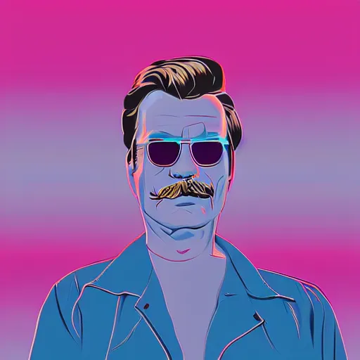 Image similar to portrait of tom selleck with light blue shutter shades in front of a sunset, a dark purple leather jacket, vector art by jan tengnagel, pixabay contest winner, retrofuturism, retrowave, synthwave, outrun