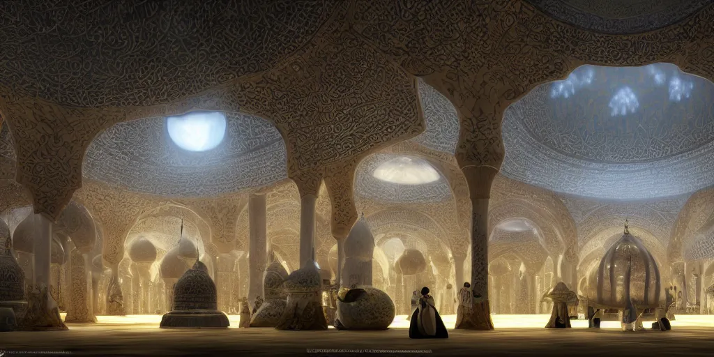 Image similar to Photorealistic mosque in dark giant glowing mushroom underworld, with great domes and arches, people and androids wearing traditional japanese clothing. photorealism, UHD, amazing depth, golden ratio, 3D octane cycle unreal engine 5, volumetric lighting, cinematic lighting, artstation,cgstation, concept art