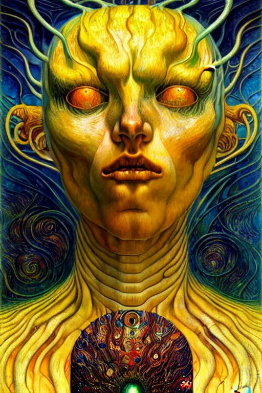 Image similar to Atypical Alien by Karol Bak, Jean Delville, William Blake, Gustav Klimt, and Vincent Van Gogh, visionary