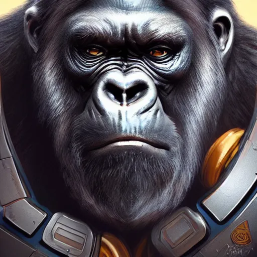 Prompt: science-fiction character portrait of Winston the gorilla from Overwatch, intricate, wild, highly detailed, digital painting, artstation, shoulders up, concept art, smooth, sharp focus, illustration, art by artgerm and greg rutkowski and alphonse mucha