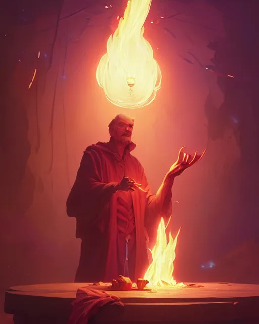 Image similar to highly detailed vfx portrait of an old mage casting a fire spell, unreal engine, greg rutkowski, loish, rhads, beeple, makoto shinkai and lois van baarle, ilya kuvshinov, rossdraws, tom bagshaw, alphonse mucha, global illumination, detailed and intricate environment