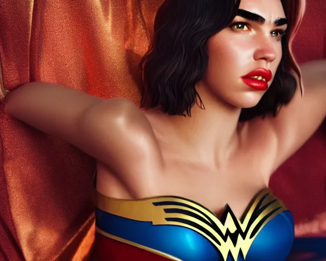 Image similar to Dua Lipa As Wonder Woman, Playboy Centerfold, Full Figure, 8K, octane render, HDR, photorealistic, volumetric lighting, Hyperrealistic-H 960