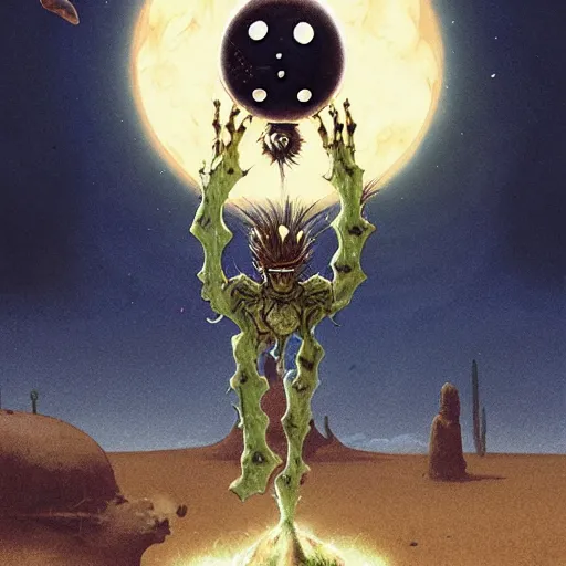 Image similar to magical soccer ball covered with eyes, with two antennas, in the desert next to a cactus, d & d, fantasy, greg rutkowski, frank frazetta, alexandre chaudret, boris vallejo, michael whelan, miro petrov, hr giger, magali villeneuve, donato giancola