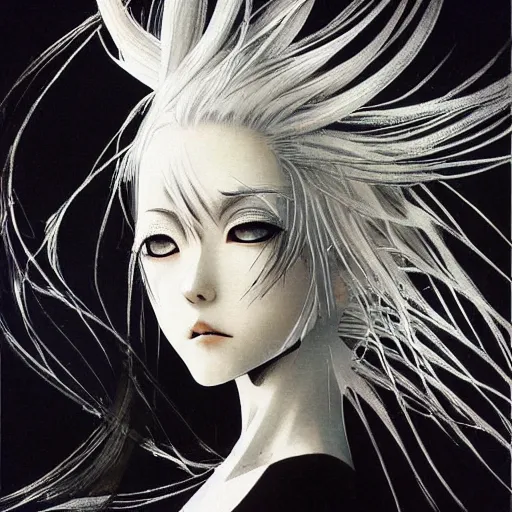 Image similar to Yoshitaka Amano realistic illustration of an anime girl with white hair and cracks on her face wearing dress suit with tie fluttering in the wind, abstract black and white patterns on the background, noisy film grain effect, highly detailed, Renaissance oil painting, weird portrait angle