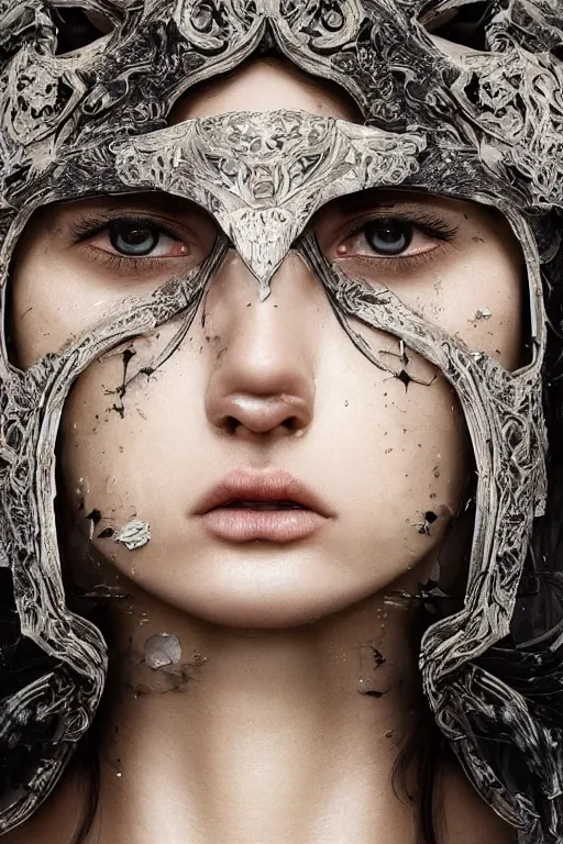 Image similar to onestylised woman , fair skin, big eyes, long black hair, no bangs, wearing sculpted textured armour, closes her eye, battle damage, intricate complexity, close-up of the front of the face, resolute expression, back lighting, 4K resolution, symmetric, clear facial features, by Ruan Jia and Mandy Jurgens and William-Adolphe Bouguereau, Karol Bak, smooth, sharp focus, rich deep colors, digital render, intricate, ultra realistic, concept art