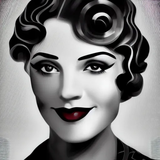 Image similar to smiling, happy, beautiful, intelligent, powerful 1 9 2 0 s movie star loving eyes, fully clothed, casual clothing, wise, beautiful, dramatic lighting, sharp focus, art deco patterns by stanley artgerm, retro futurism, dramatic lighting, trending on artstation, flat colour, geometric curves, gradient filter