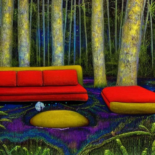 Image similar to psychedelic couch sofa in the lush pine forest, milky way, designed by arnold bocklin, jules bastien - lepage, tarsila do amaral, wayne barlowe and gustave baumann, cheval michael, trending on artstation, canada, star, sharp focus, colorful refracted sparkles and lines, soft light, 8 k 4 k