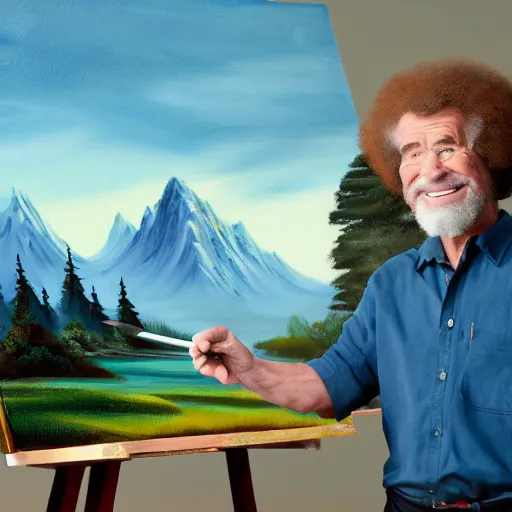 Image similar to a closeup photorealistic photograph of bob ross working on a canvas painting of mickey mouse. film still. brightly lit scene. mountains and trees. this 4 k hd image is trending on artstation, featured on behance, well - rendered, extra crisp, features intricate detail, epic composition and the style of unreal engine.