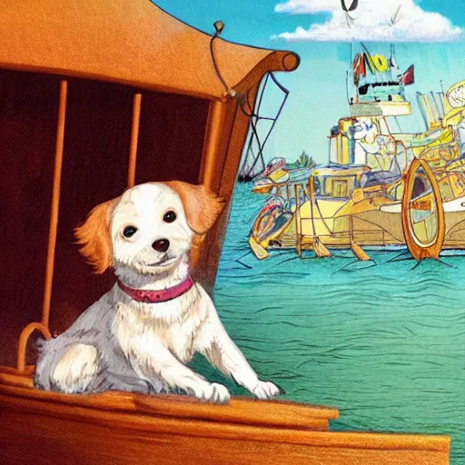 Image similar to a masterpiece detailed illustration of a very cute dog on a boat. the scene is detailed and beautiful, and combines the style of michael foreman, gyo fujikawa, and jane clarke.