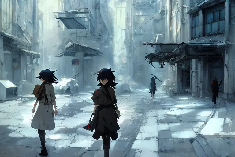 Image similar to baroque oil painting of anime key visual concept art of girl's last tour scenery official art, white clean abandoned concrete cityscapes, trending on artstation, palette knife and brush strokes, oil on canvas, style of makoto shinkai greg rutkowski studio ghibli