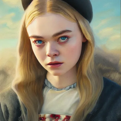 Prompt: ultra realistic portrait painting of elle fanning as a western outlaw, art by erick arciniega, 4 k, ultra realistic, highly detailed, epic lighting