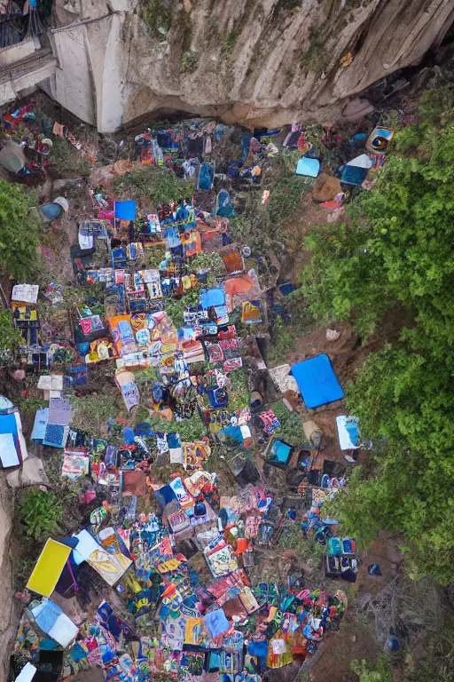 Prompt: an arial shot of a pile of art at the bottom of a deep ravine, people lined up to drop their art into the ravine