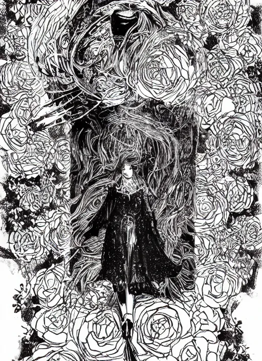 Prompt: golden elements at borders, portrait, A young witch and a crow in front of the full big moon, creative book cover, winner of design award, red roses, red white black colors, establishing shot, extremly high detail, foto realistic, cinematic lighting, pen and ink, intricate line drawings, by Yoshitaka Amano, Ruan Jia, Kentaro Miura, Artgerm, post processed, concept art, artstation, matte painting, style by eddie, raphael lacoste, alex ross