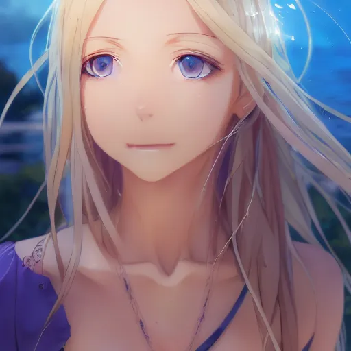 Image similar to a very beautiful anime girl, full body, long wavy blond hair, sky blue eyes, full round face, short smile, golden dress, summer lake setting, cinematic lightning, medium shot, mid-shot, highly detailed, trending on Artstation, Unreal Engine 4k, cinematic wallpaper by Stanley Artgerm Lau, WLOP, Rossdraws, James Jean, Andrei Riabovitchev, Marc Simonetti, and Sakimichan