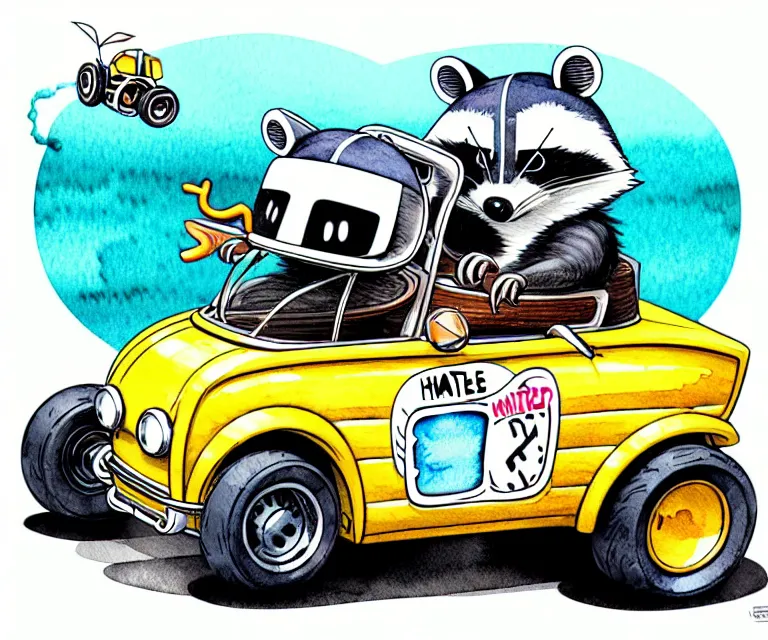 Image similar to cute and funny, racoon wearing a helmet riding in a tiny hot rod with oversized engine, ratfink style by ed roth, centered award winning watercolor pen illustration, isometric illustration by chihiro iwasaki, edited by range murata, tiny details by artgerm and watercolor girl, symmetrically isometrically centered, hyperfocused