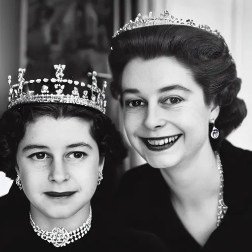 Prompt: A portrait photo of queen elizabeth teams up with a teenage queen elizabeth, perfect faces, 50 mm, award winning photography