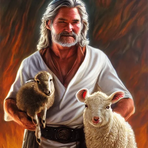 Prompt: a detailed fantasy character painting of Kurt Russell holding a lamb, dressed like Jesus Christ, by lauri blank, artgerm, evelyn de morgan, 8K, 50mm lens