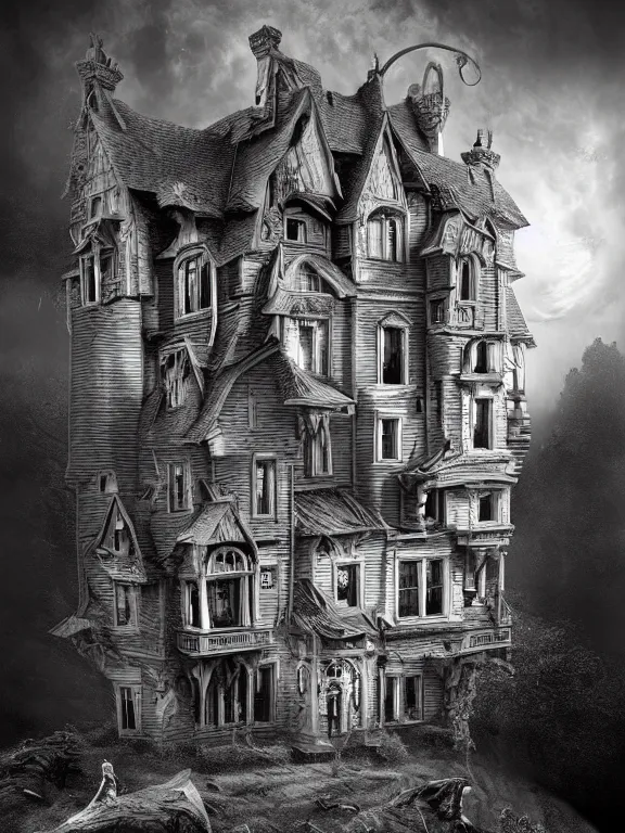 Image similar to a beautiful hyper realistic detailed matte painting of the old owl, a strange being haunting this house from a forgotten time, dramatic lighting, dynamic lighting, cinematic lighting, by maurits cornelis escher, black and white, featured on artstation