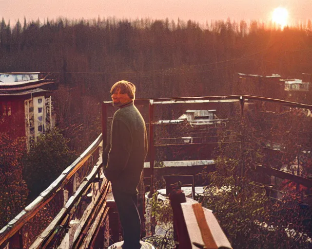 Image similar to lomographic tarkovsky film still of 4 0 years russian man with beard and sweater standing on small hrushevka 9 th floor balcony in taiga looking at sunset, cinestill, bokeh