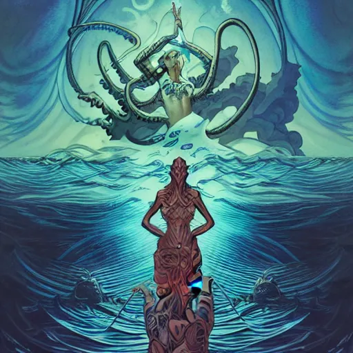 Prompt: in the style of Steve Niles, Joshua Middleton, William Morris, Peter Mohrbacher and artgerm, Chtulhu rising from the water staring at a boat, Lovecraftian, ocean, night, storm, lighting, terror, horror, mood lighting