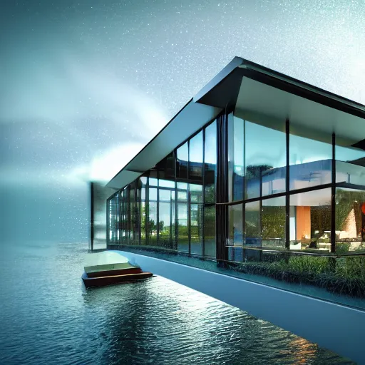 Prompt: Waterfront modern European architecture villa with greenery + a sea of glass + a Starry Night + Aurora borealis, highly detailed, dramatic lighting, atmospheric, cinematic color grading, octane render, 8k