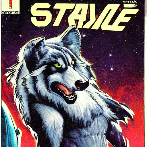 Image similar to 1 9 8 0 s comic book cover scan featuring a portrait of villain male wolf o'donnell anthropomorphic wolf furry fursona from starfox wearing a dark space mercenary uniform, dark grey wolf, handsome eyes, wolf o'donnell