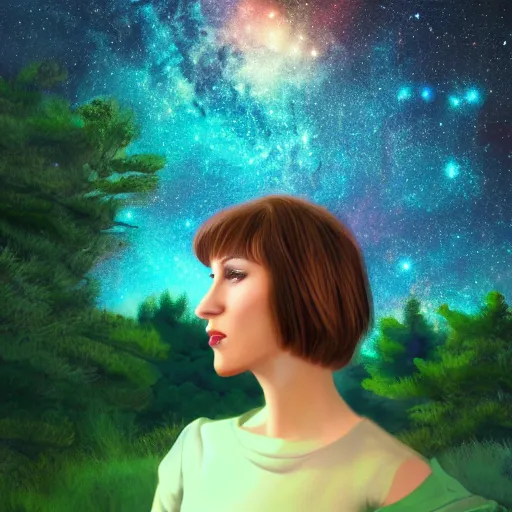 Image similar to an hd photo of a young woman with short brown hair, green eyes, beautiful trees in the background, night sky with multicolor stars and galaxies, trending on artstation