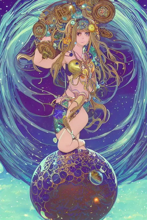 Image similar to psychedelic, intricate, highly detailed, anime, 4k, beautiful seductive slime girl holding a huge orb containing the universe, with professional makeup, long trippy hair, surrounded by gems, underneath the stars, trending on patreon, deviantart, twitter, artstation, volumetric lighting, heavy contrast, by artgerm and Ilya Kuvshinov and alphonse mucha, interstellar galaxy