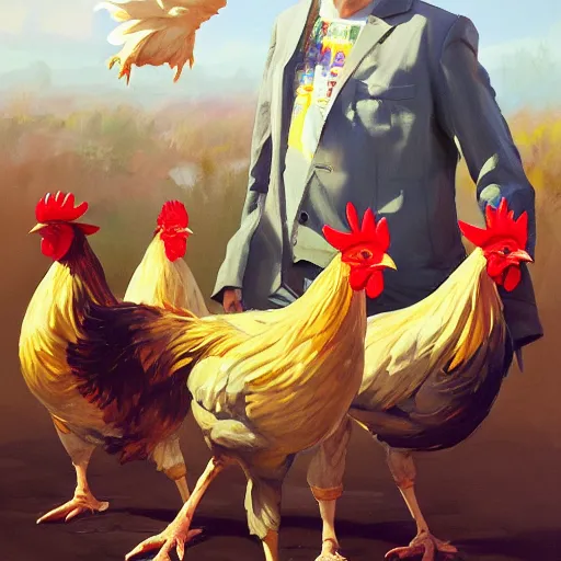 Image similar to the king of the chickens, artwork by greg manchess, medium shot, asymmetrical, organic painting, sunny day, matte painting, bold shapes, hard edges, street art, trending on artstation, by huang guangjian and gil elvgren and sachin teng