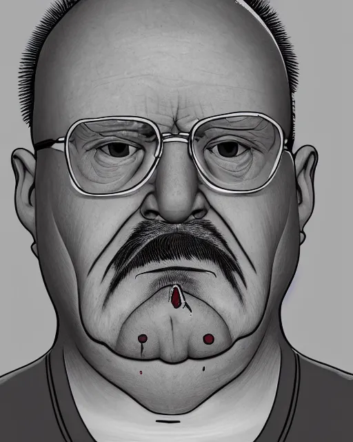 Prompt: fat, obese, disgustingly chubby walter white, pimples, stretch marks, lumps, moles, sad face, 4k detailed image