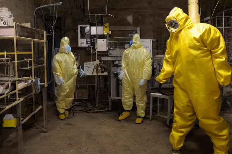 Prompt: a man in a yellow hazmat suit looks on helplessly as an meat monster grows out of control in a creepy basement lab, science equipment